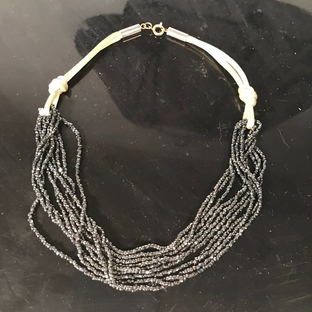 Vintage Silk Hematite Choker Beaded Necklace 9 Strand Formal Evening - Picture 1 of 5